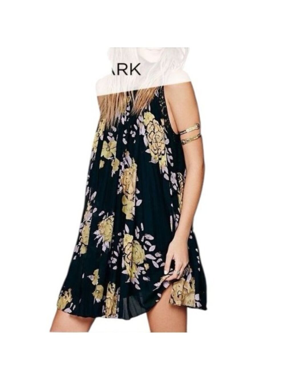 Free People Pleated Black Sleeveless Mini Dress with Yellow and Purple Floral XS
